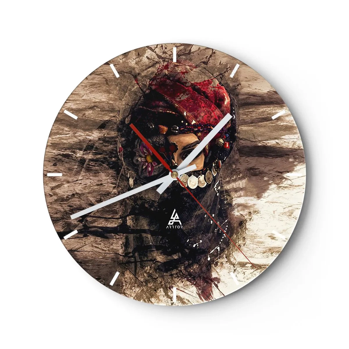 Ceas de perete - Ceas pe sticlă - Portret artistic al unei femei purtând bijuterii tradiționale - 30x30cm - Cel puțin îngrijător - Decorațiune modernă pentru perete pentru living, bucătărie și dormitor ARTTOR