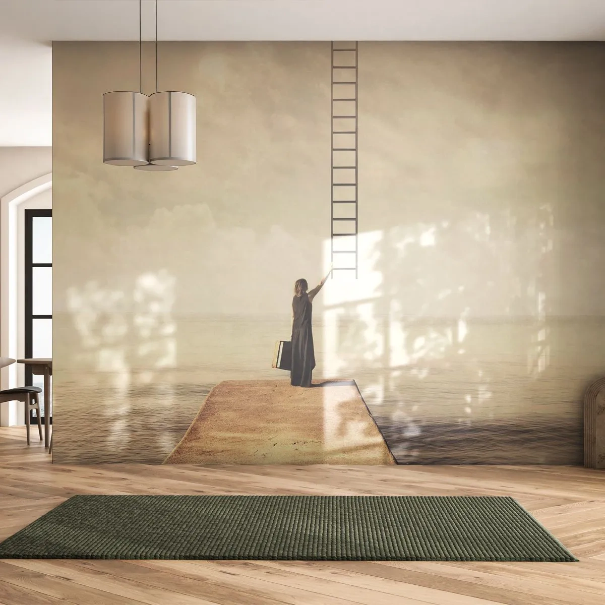 Tapet Standard Eco - O femeie pe un dig întinde mâna după o scară - 100x70cm - O călătorie conceptuală - Decorațiune modernă pentru perete pentru living și dormitor ARTTOR