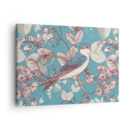 Tablou pe pânză Canvas - O pasăre pe o ramură într-un stil floral delicat - 70x50cm - Ciripit în florile albe - Decorațiune modernă pentru perete pentru living și dormitor ARTTOR