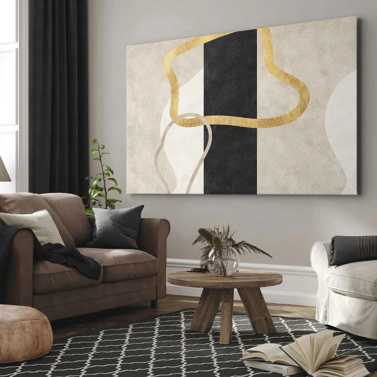 Tablou pe pânză Canvas - Un design minimalist cu forme buclate în auriu și negru. - 70x50cm - Forme înbuclite - Decorațiune modernă pentru perete pentru living și dormitor ARTTOR