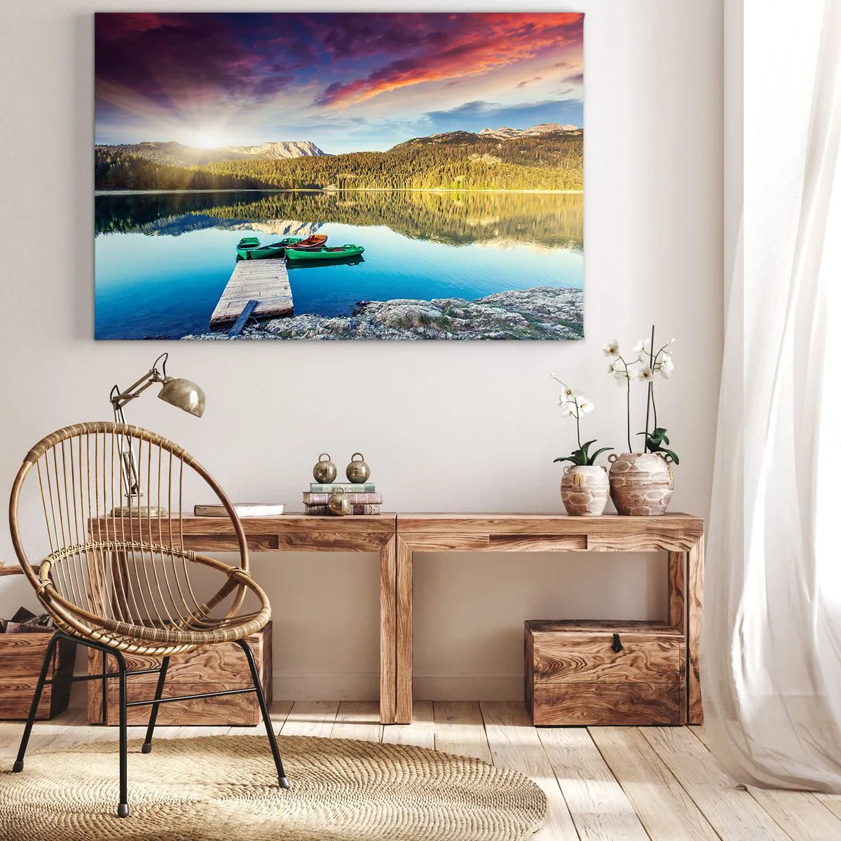 Tablou pe pânză Canvas - Apus de soare peste lac cu bărci la dig - 70x50cm - Spre o apă netedă ca o oglindă - Decorațiune modernă pentru perete pentru living și dormitor ARTTOR