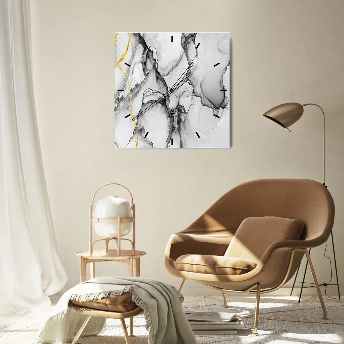 Ceas de perete - Ceas pe sticlă - Compoziție cu motiv auriu - 30x30 cm