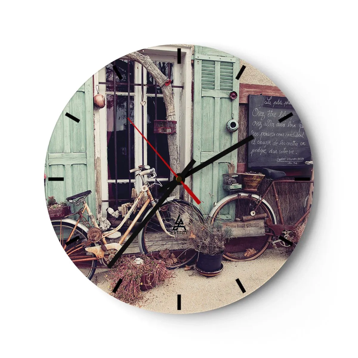Ceas de perete - Ceas pe sticlă - Biciclete retro în fața obloanelor verzi - 30x30cm - Trăiască provincia! - Decorațiune modernă pentru perete pentru living, bucătărie și dormitor ARTTOR