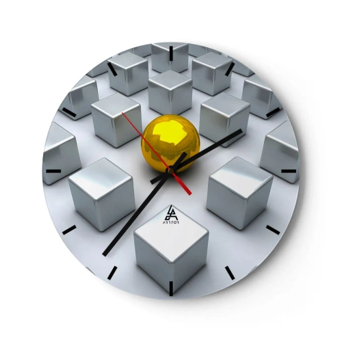 Ceas de perete - Ceas pe sticlă - O minge de aur printre cuburi de argint - 30x30cm - De ce eu? Compoziție geometrică - Decorațiune modernă pentru perete pentru living, bucătărie și dormitor ARTTOR