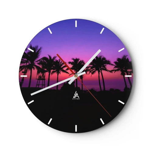 Ceas de perete - Ceas pe sticlă - Palmieri la apus cu un cer violet - 30x30cm - O seară sub palmieri - Decorațiune modernă pentru perete pentru living, bucătărie și dormitor ARTTOR