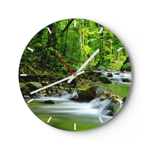 Ceas de perete - Ceas pe sticlă - Un pârâu într-o pădure tropicală - 30x30cm - Să înotăm într-o mare de verde - Decorațiune modernă pentru perete pentru living, bucătărie și dormitor ARTTOR