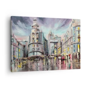 Tablou pe pânză Canvas - Vedere de seară a orașului cu reflexii pe strada udă - 70x50cm - Va fi o seară de succes - Decorațiune modernă pentru perete pentru living și dormitor ARTTOR