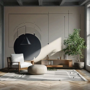 Tapet Standard Eco - Formă circulară neagră cu linii geometrice pe un fundal bej - 100x70cm - Compoziție flexibilă și dinamică - Decorațiune modernă pentru perete pentru living și dormitor ARTTOR