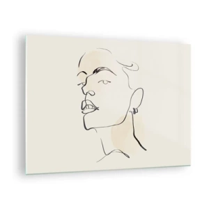 Tablou pe sticlă - Portret de femeie în linii minimaliste pe un fundal deschis - 70x50cm - O privire mândră - Decorațiune modernă pentru perete pentru living și dormitor ARTTOR