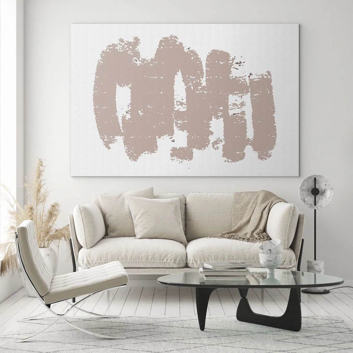 Tablou pe sticlă - Tușe de vopsea roz pe fundal alb - 70x50cm - Abstracție în roz moale - Decorațiune modernă pentru perete pentru living și dormitor ARTTOR
