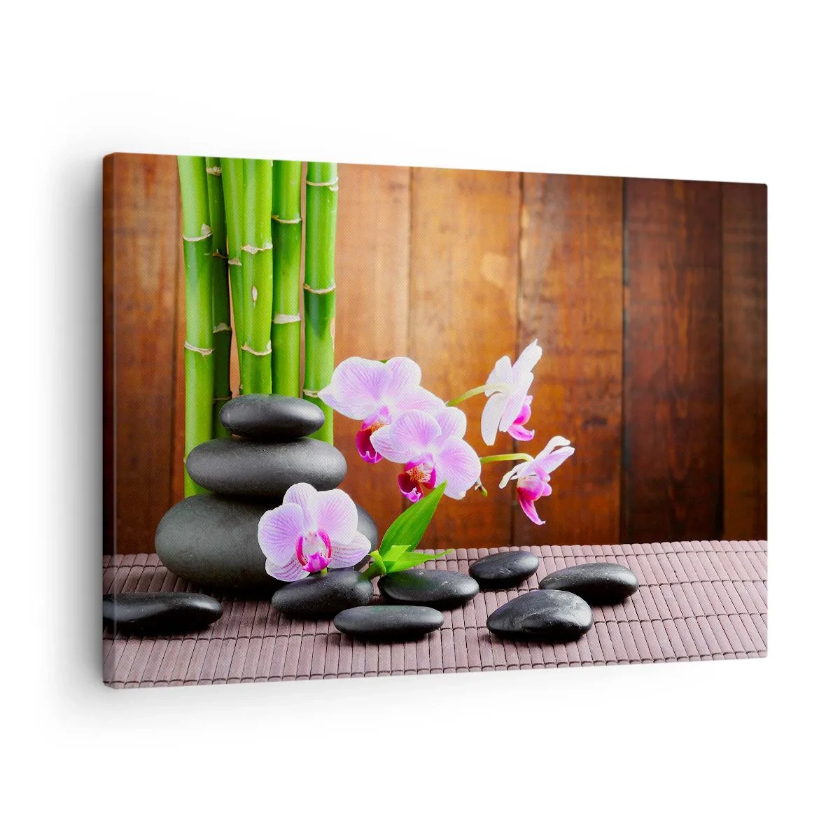 Tablou pe pânză Canvas - Bambus în stil Zen, pietre și orhidee roz pe un fundal de lemn - 70x50cm - Experimentați deliciile Orientului - Decorațiune modernă pentru perete pentru living și dormitor ARTTOR
