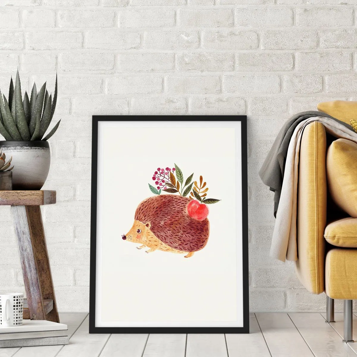 Poster în ramă neagră - Un arici drăguț cu un măr și crenguțe pe un fundal deschis - 50x70cm - Și tu deja mă placi - Decorațiune modernă pentru perete pentru living și dormitor ARTTOR