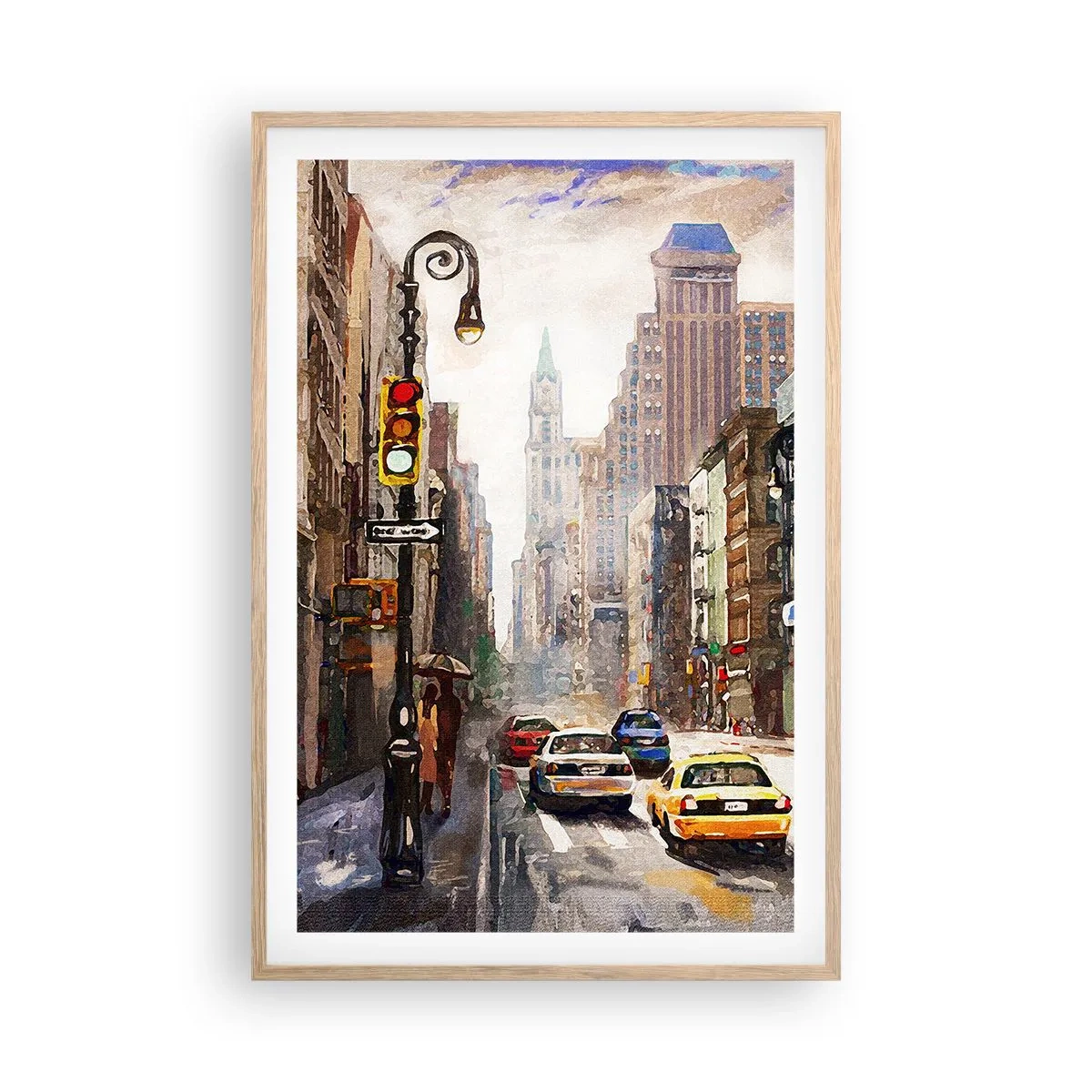 Poster în ramă de stejar deschis - New York - plin de culoare și în ploaie - 61x91 cm
