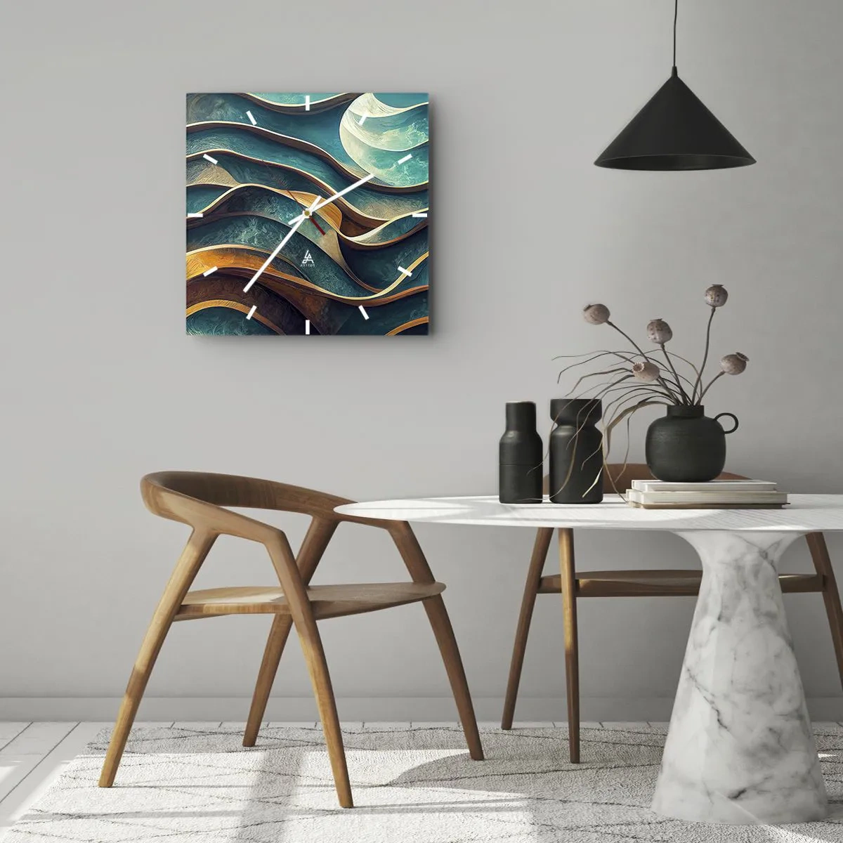 Ceas de perete - Ceas pe sticlă - Meandre de albastru - 30x30 cm