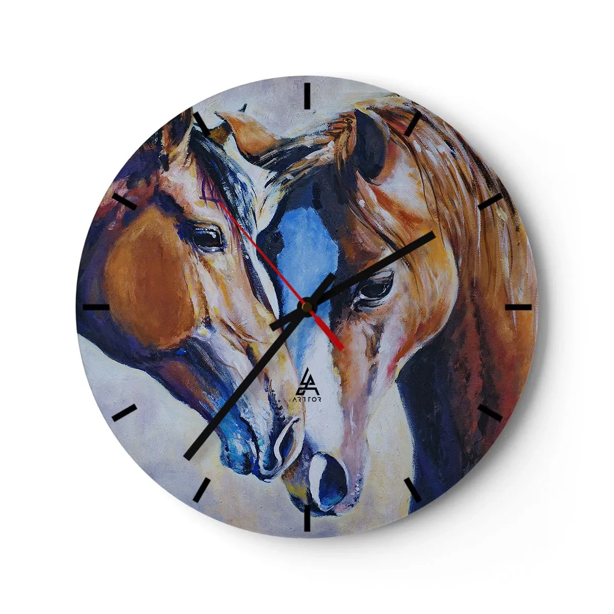 Ceas de perete - Ceas pe sticlă - O pictură reprezentând doi cai într-un stil pictural cu culori vii. - 30x30cm - Două suflete apropiate - Decorațiune modernă pentru perete pentru living, bucătărie și dormitor ARTTOR