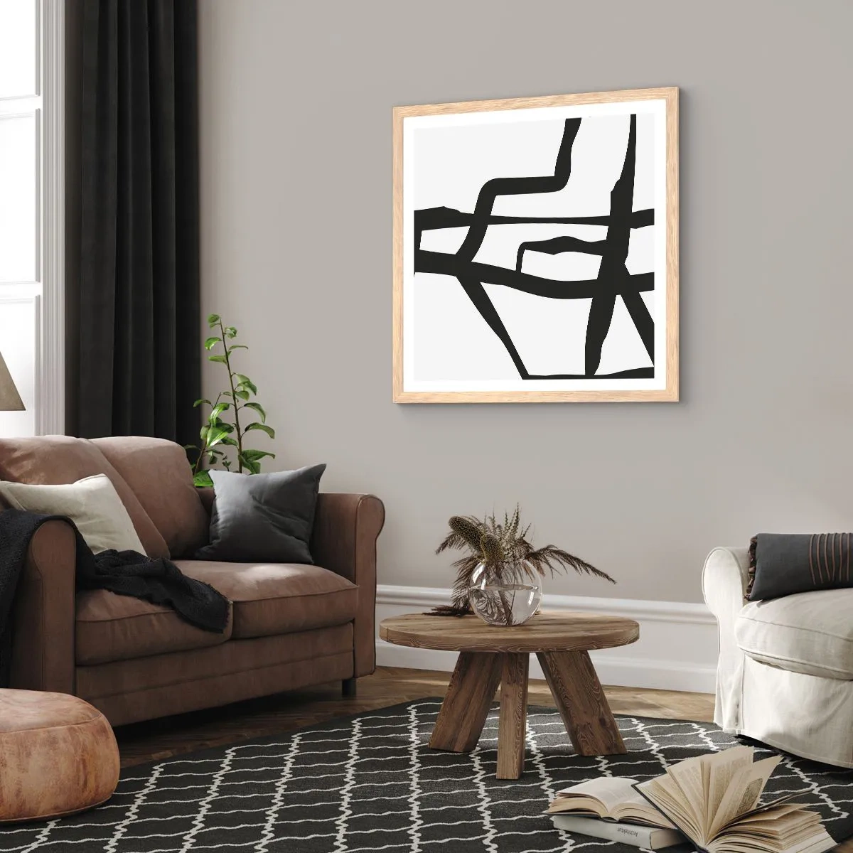 Poster în ramă de stejar deschis - Construcție în alb și negru - 60x60 cm