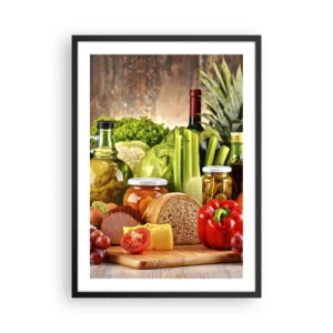 Poster în ramă neagră - Legume și produse alimentare colorate pe un fundal de lemn - 50x70cm - Afumate, prăjite, marinate - Decorațiune modernă pentru perete pentru living și dormitor ARTTOR