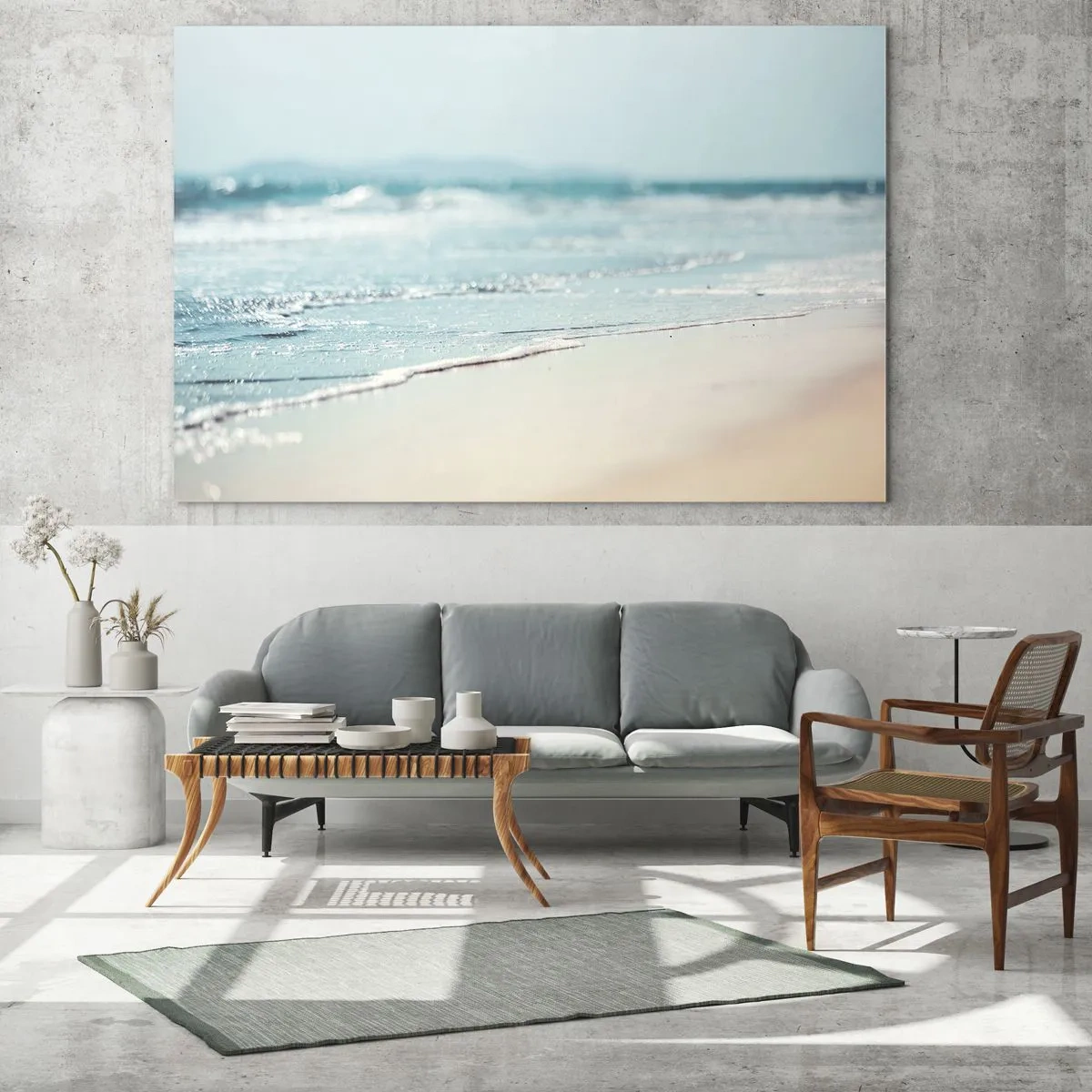 Tablou pe sticlă - Valuri line ale oceanului care mângâie plaja nisipoasă - 70x50cm - Căldură și zgomotul valurilor - Decorațiune modernă pentru perete pentru living și dormitor ARTTOR