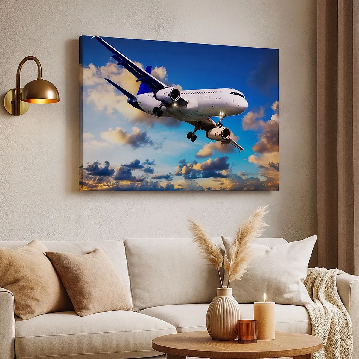 Tablou pe pânză Canvas - Un avion de pasageri pe fundalul norilor la apus - 70x50cm - Călătorie în alb și albastru - Decorațiune modernă pentru perete pentru living și dormitor ARTTOR