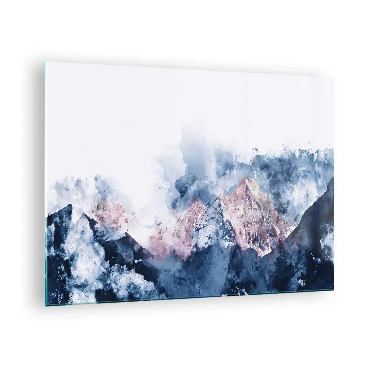Tablou pe sticlă - Munți în acuarelă în nuanțe pastelate de albastru și roz - 70x50cm - Acestea sunt vârfurile! - Decorațiune modernă pentru perete pentru living și dormitor ARTTOR