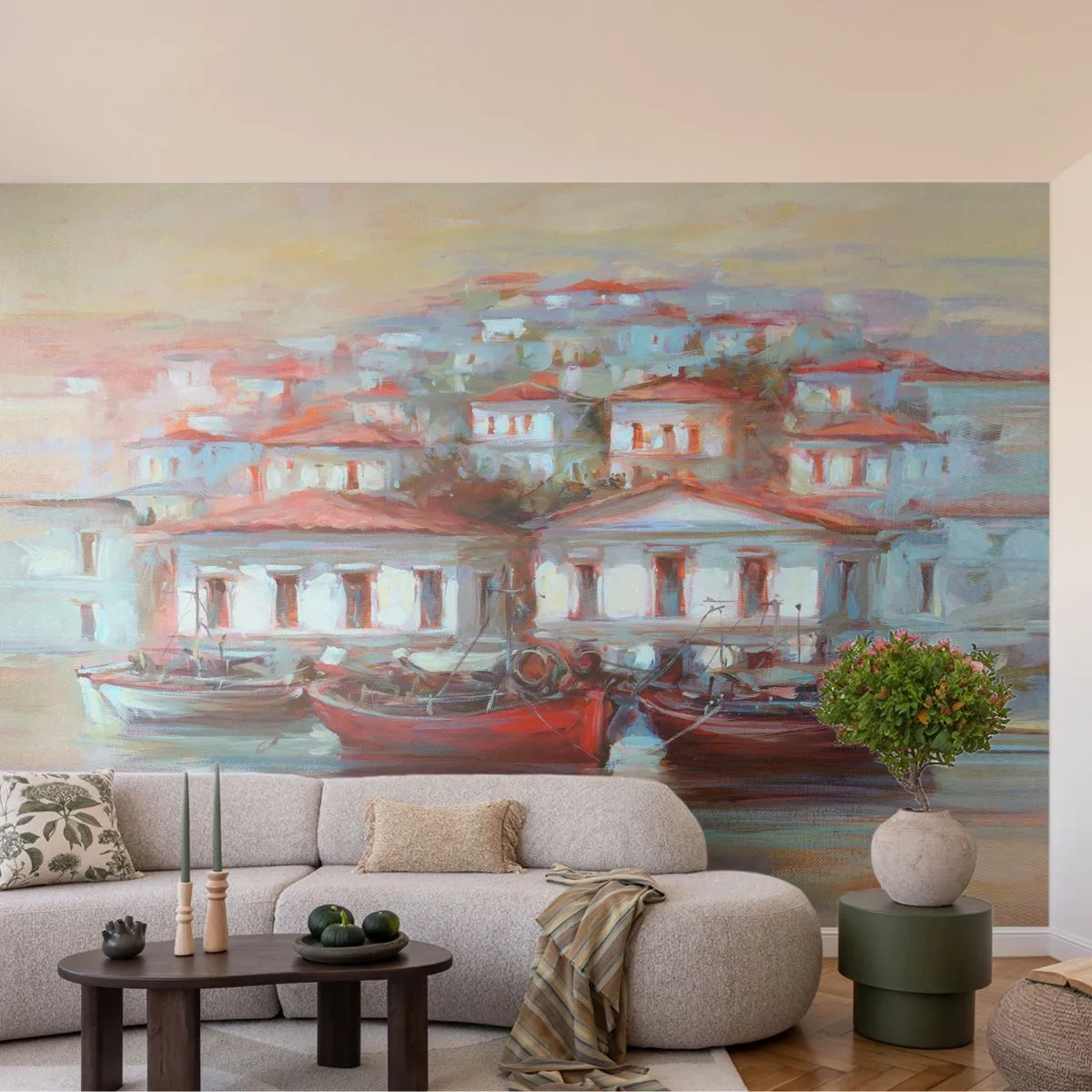 Tapet Premium Sand - Orășel fericit - Arhitectură, Barcă cu pânze, Port - 100x70 cm