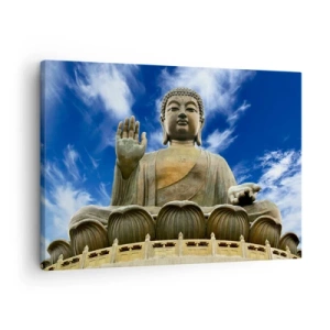 Tablou pe pânză Canvas - O statuie monumentală a lui Buddha pe un cer albastru cu nori - 70x50cm - Trăiește fără teamă - Decorațiune modernă pentru perete pentru living și dormitor ARTTOR