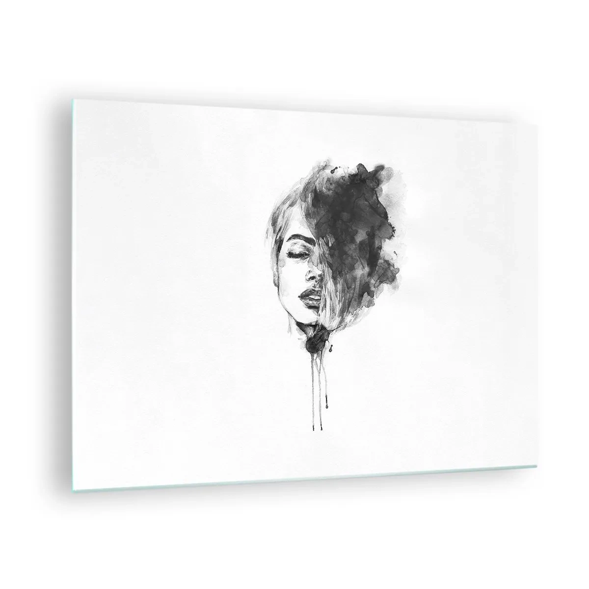 Tablou pe sticlă - Portret alb-negru al unei femei cu o umbră abstractă - 70x50cm - La ce visează frumoasa - Decorațiune modernă pentru perete pentru living și dormitor ARTTOR