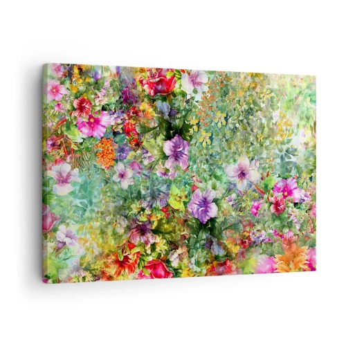 Tablou pe pânză Canvas - Un aranjament floral colorat pe un fundal verde - 70x50cm - Să ne pierdem în flori - Decorațiune modernă pentru perete pentru living și dormitor ARTTOR