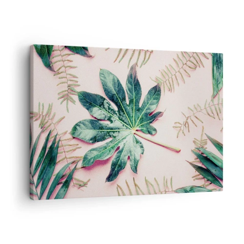 Tablou pe pânză Canvas - Frunze tropicale pe un fundal pastel deschis - 70x50cm - Studiu de verdeață pe un fundal roz - Decorațiune modernă pentru perete pentru living și dormitor ARTTOR