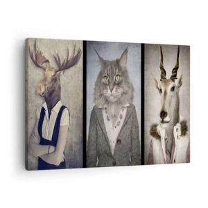 Tablou pe pânză Canvas - Un triptic cu figuri de animale în haine elegante pe un fundal stilizat - 70x50cm - Blănurile sunt din nou la modă - Decorațiune modernă pentru perete pentru living și dormitor ARTTOR