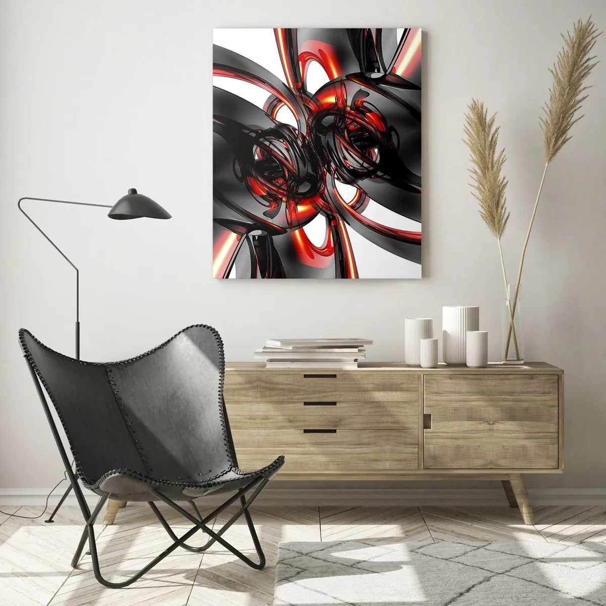 Tablou pe sticlă - Mișcare în grafit și roșu - 50x70 cm