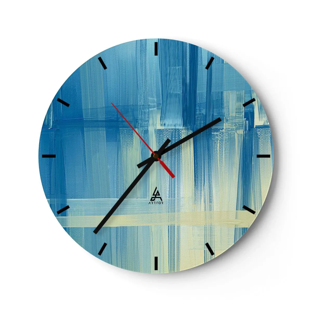 Ceas de perete - Ceas pe sticlă - Abstracție albastră și bej în tehnica pensulei - 30x30cm - Compoziție în turcoaz - Decorațiune modernă pentru perete pentru living, bucătărie și dormitor ARTTOR