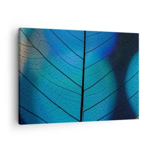 Tablou pe pânză Canvas - Prim-plan al unei frunze albastre cu detalii vizibile ale venelor - 70x50cm - Construcție de finețe - Decorațiune modernă pentru perete pentru living și dormitor ARTTOR