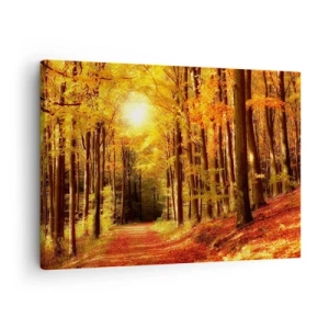 Tablou pe pânză Canvas - Pădure de toamnă cu raze de soare strălucind printre copaci - 70x50cm - Toamna de aur pe un drum forestier - Decorațiune modernă pentru perete pentru living și dormitor ARTTOR
