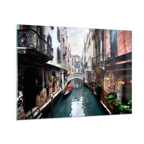 Tablou pe sticlă - Peisaj venețian cu gondolă și pod - 100x70 cm
