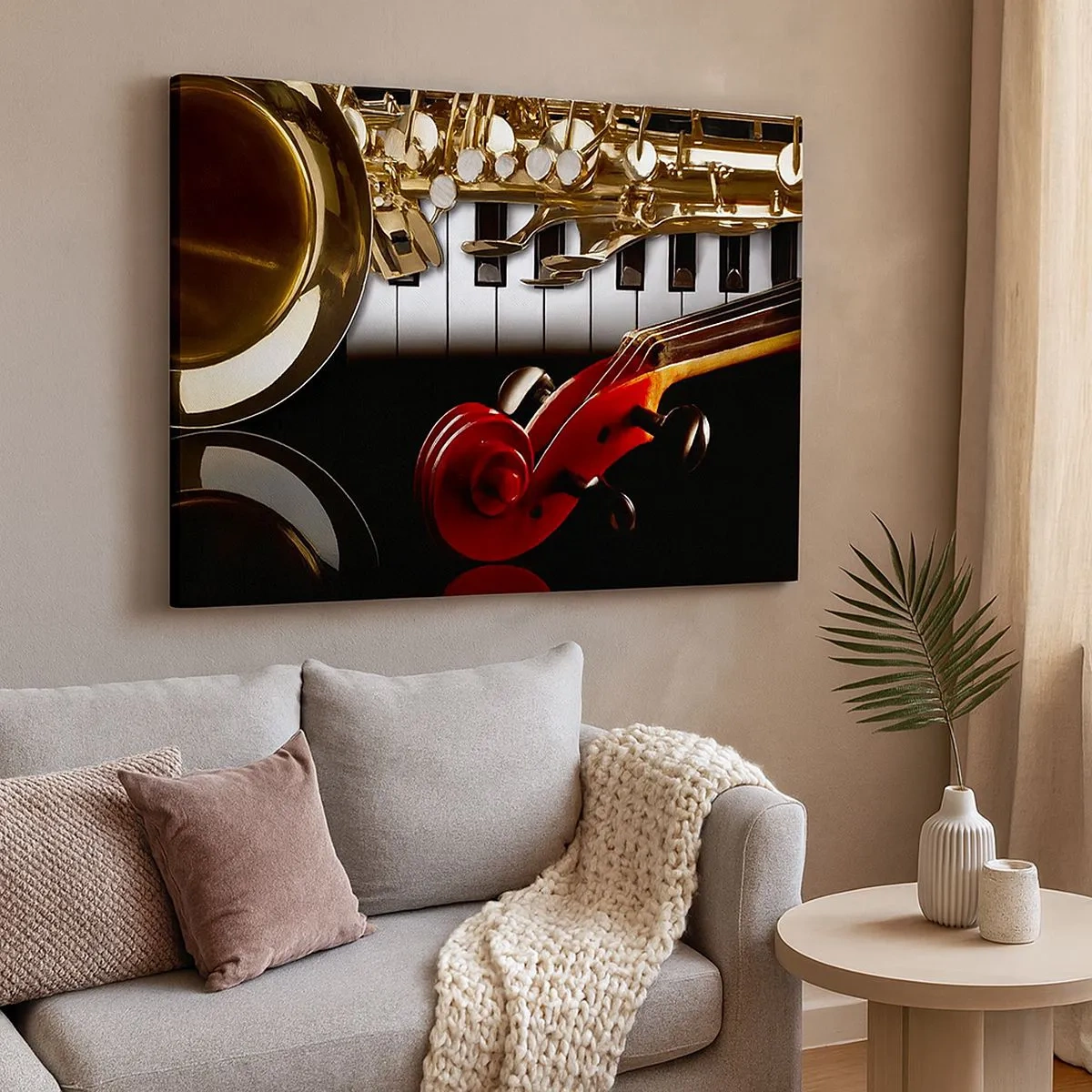 Tablou pe pânză Canvas - Un saxofon auriu, clape de pian și o vioară roșie - 70x50cm - Tablă, lemn și fildeș - Decorațiune modernă pentru perete pentru living și dormitor ARTTOR
