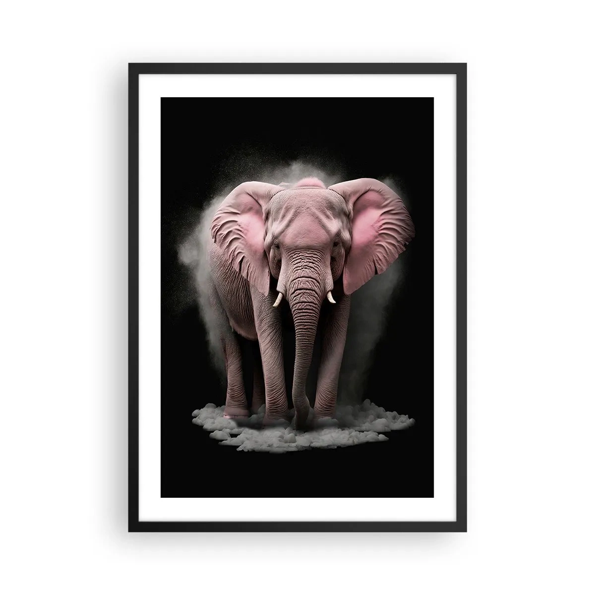 Poster în ramă neagră - Un elefant roz într-un spațiu dinamic și negru - 50x70cm - Să nu te gândești la elefantul roz! - Decorațiune modernă pentru perete pentru living și dormitor ARTTOR