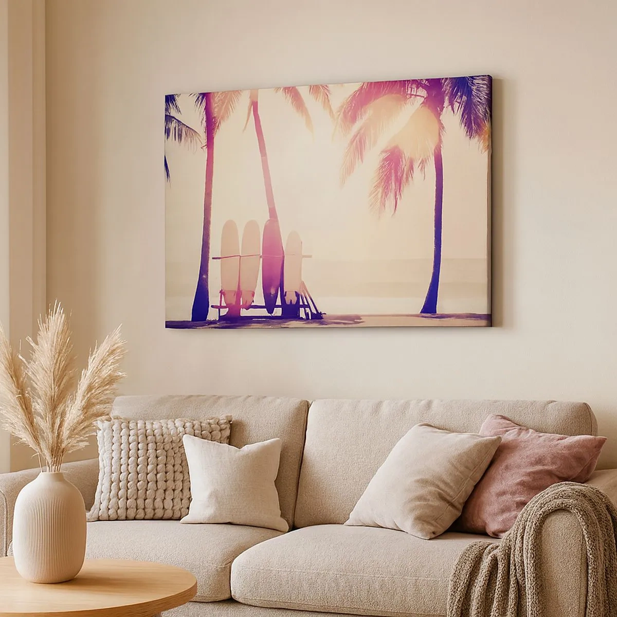 Tablou pe pânză Canvas - Palmieri și plăci de surf pe plajă, la soare - 70x50cm - Va fi o zi minunată - Decorațiune modernă pentru perete pentru living și dormitor ARTTOR