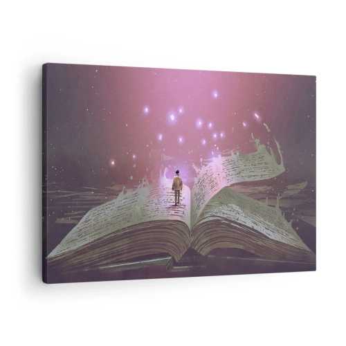 Tablou pe pânză Canvas - siluetă pășește pe o carte deschisă într-o lumină magică. - 70x50cm - O invitație către o altă lume - citiți! - Decorațiune modernă pentru perete pentru living și dormitor ARTTOR