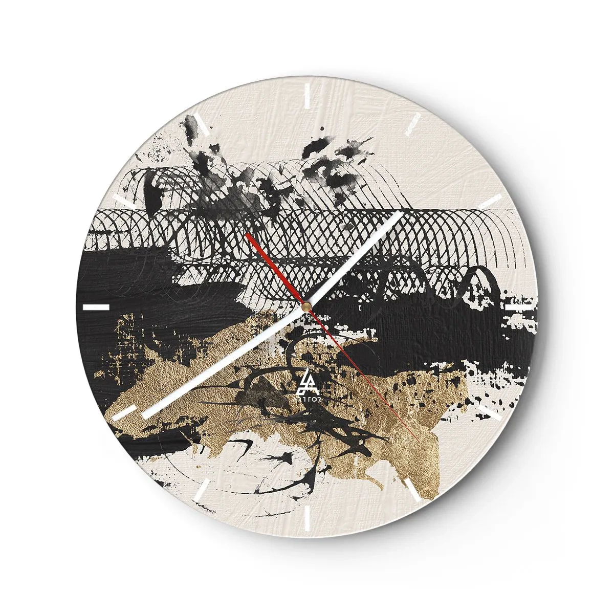 Ceas de perete - Ceas pe sticlă - Compoziție abstractă de negru, auriu și alb - 30x30cm - Compoziție cu pasiune - Decorațiune modernă pentru perete pentru living, bucătărie și dormitor ARTTOR