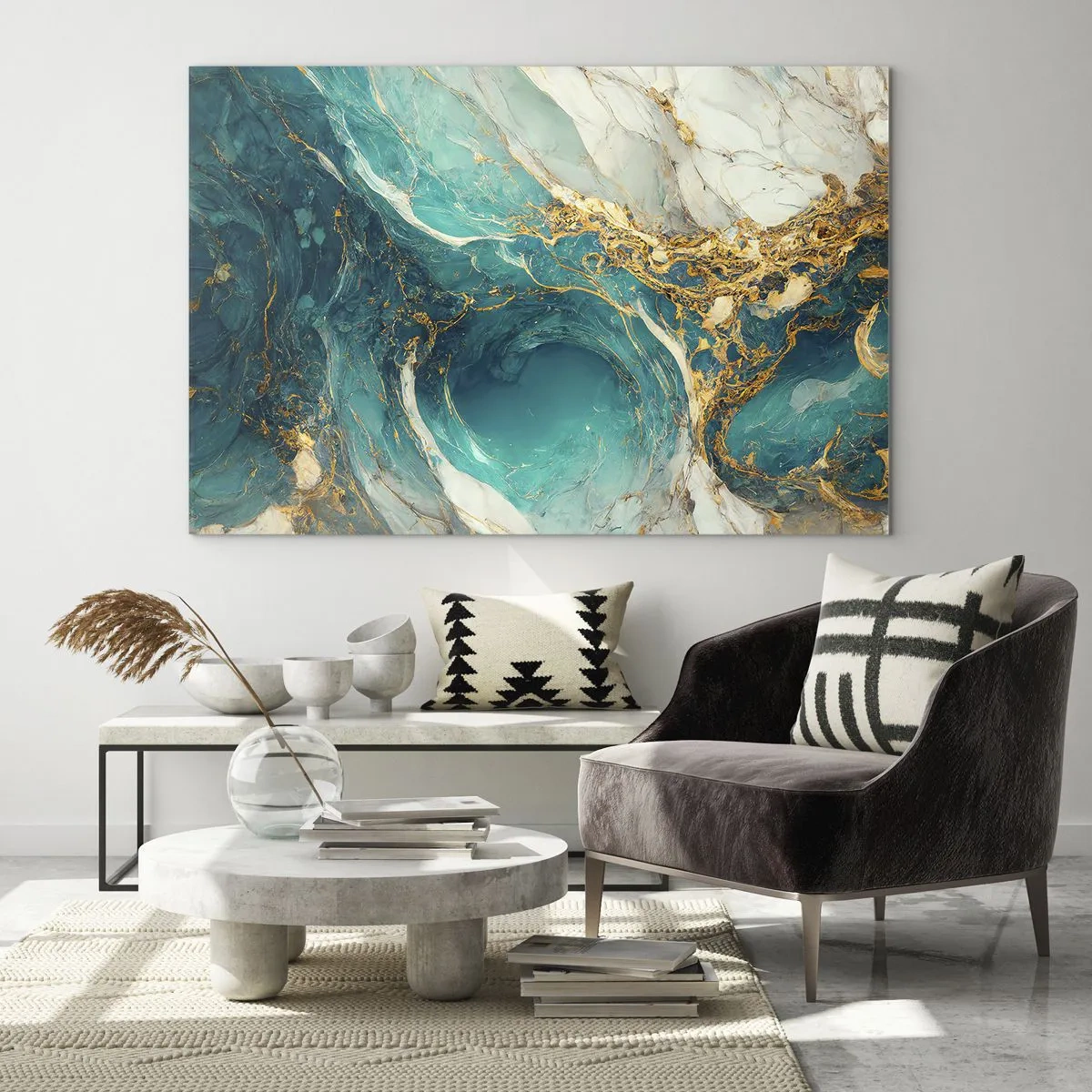 Tablou pe sticlă - Compoziție abstractă cu vene turcoaz și aurii - 70x50cm - Compoziție cu vene aurii - Decorațiune modernă pentru perete pentru living și dormitor ARTTOR