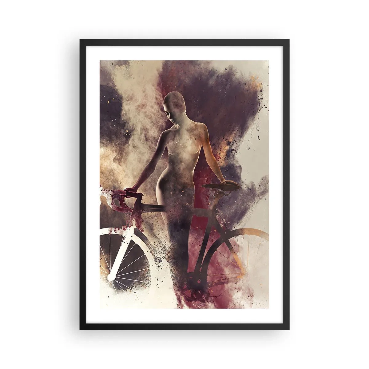 Poster în ramă neagră - Silueta unei femei cu o bicicletă pe un fundal artistic, fumuriu - 50x70cm - În forme de marmură sufletul ciclist - Decorațiune modernă pentru perete pentru living și dormitor ARTTOR