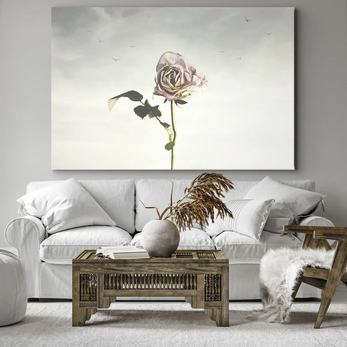Tablou pe pânză Canvas - Un trandafir delicat pe un cer luminos cu păsări în zbor - 70x50cm - Primăvara binevenită - Decorațiune modernă pentru perete pentru living și dormitor ARTTOR