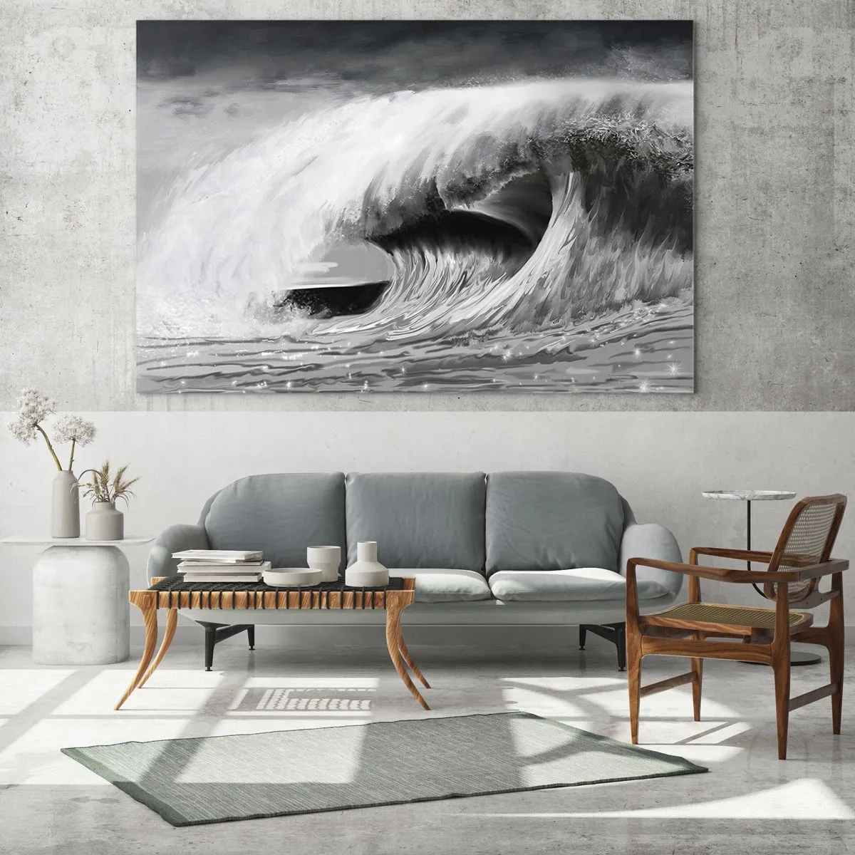 Tablou pe sticlă - Un val puternic surprins într-o estetică alb-negru - 70x50cm - Mânia oceanului - Decorațiune modernă pentru perete pentru living și dormitor ARTTOR