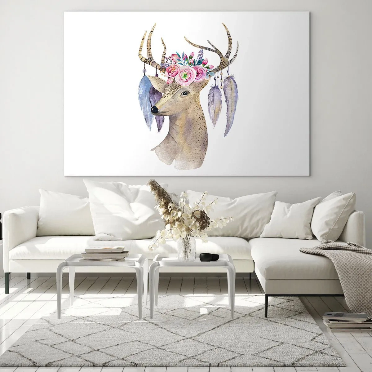 Tablou pe sticlă - Cerb cu o coroană de flori și pene - 70x50cm - Ghidul sufletului - blând, inocent - Decorațiune modernă pentru perete pentru living și dormitor ARTTOR