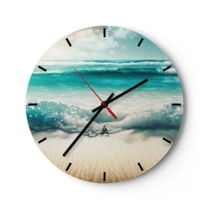 Ceas de perete - Ceas pe sticlă - Valuri turcoaz care se sparg pe o plajă nisipoasă - 30x30cm - Calmul oceanului - Decorațiune modernă pentru perete pentru living, bucătărie și dormitor ARTTOR
