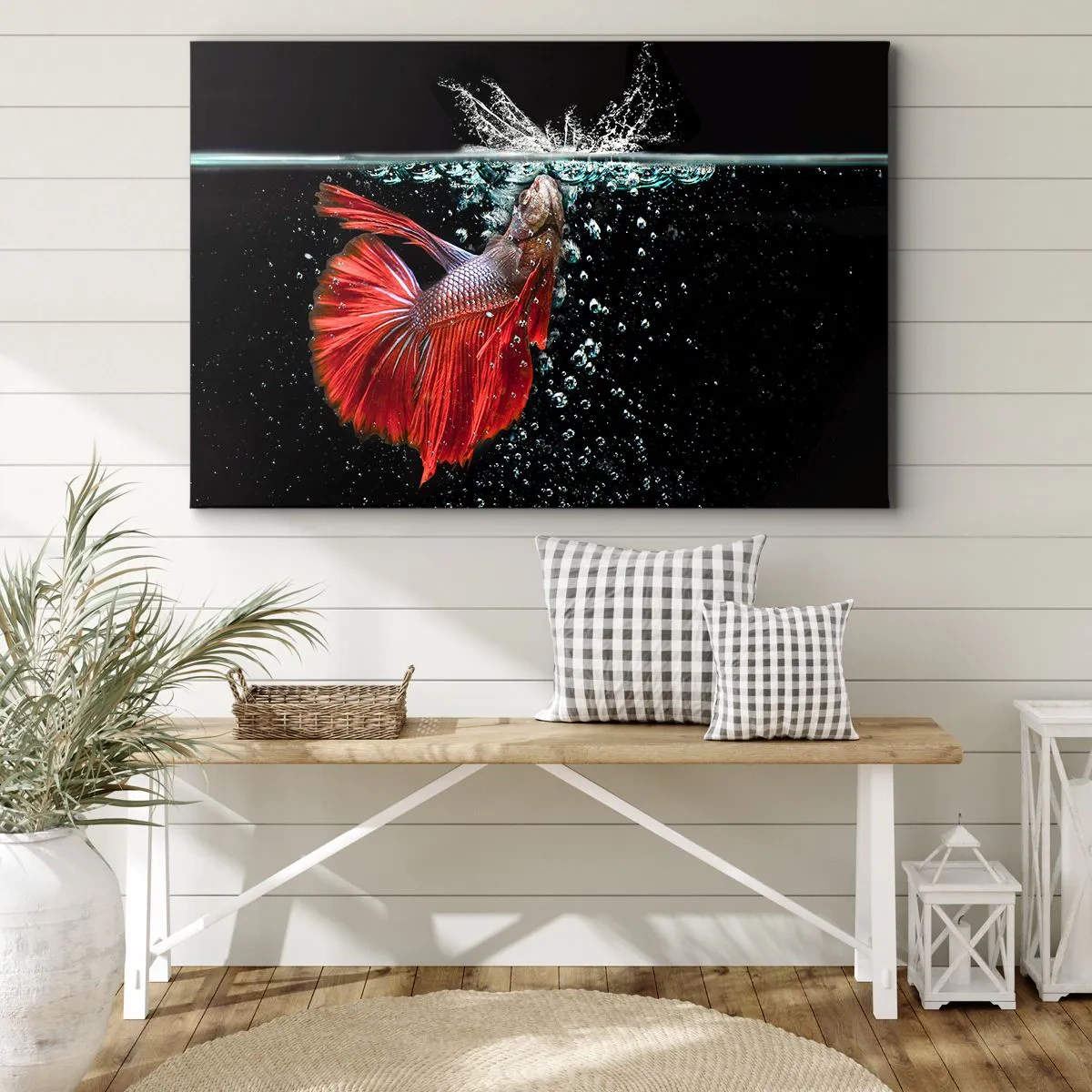 Tablou pe pânză Canvas - Un betta magnific în apă pe un fundal întunecat - 70x50cm - Aveți trei dorințe - Decorațiune modernă pentru perete pentru living și dormitor ARTTOR