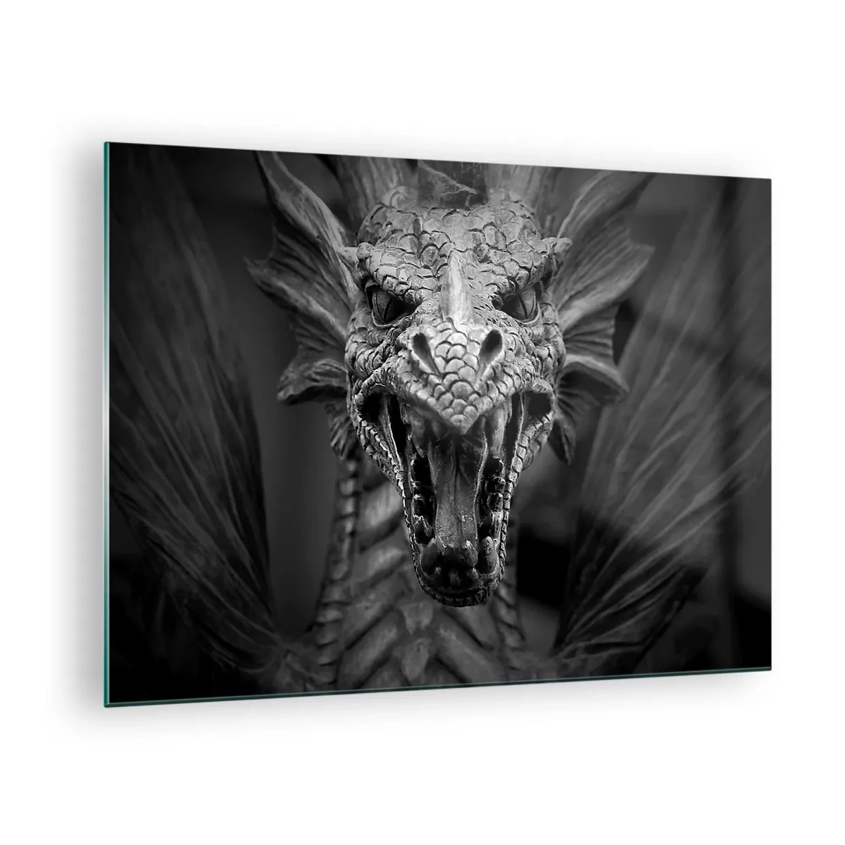 Tablou pe sticlă - Portret detaliat al unui dragon în alb și negru - 70x50cm - Dragon de basm în gri - Decorațiune modernă pentru perete pentru living și dormitor ARTTOR