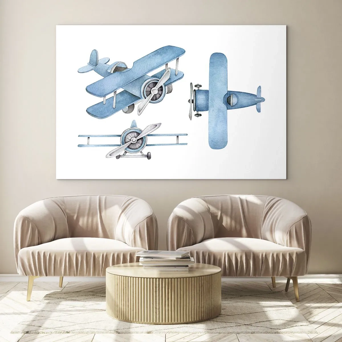 Tablou pe sticlă - Avioane retro albastre pe fundal alb pentru copii - 70x50cm - Un învingător înnăscut - Decorațiune modernă pentru perete pentru living și dormitor ARTTOR