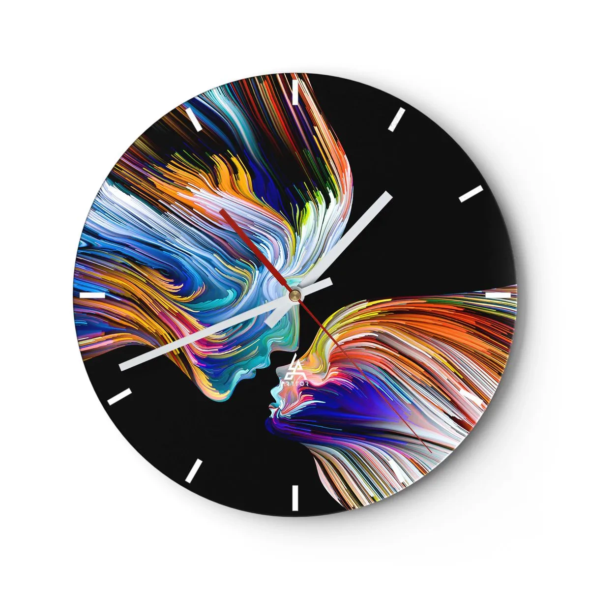 Ceas de perete - Ceas pe sticlă - Două fețe cu linii colorate, învârtite, pe un fundal negru. - 30x30cm - Fuziune de energie și lumină - Decorațiune modernă pentru perete pentru living, bucătărie și dormitor ARTTOR